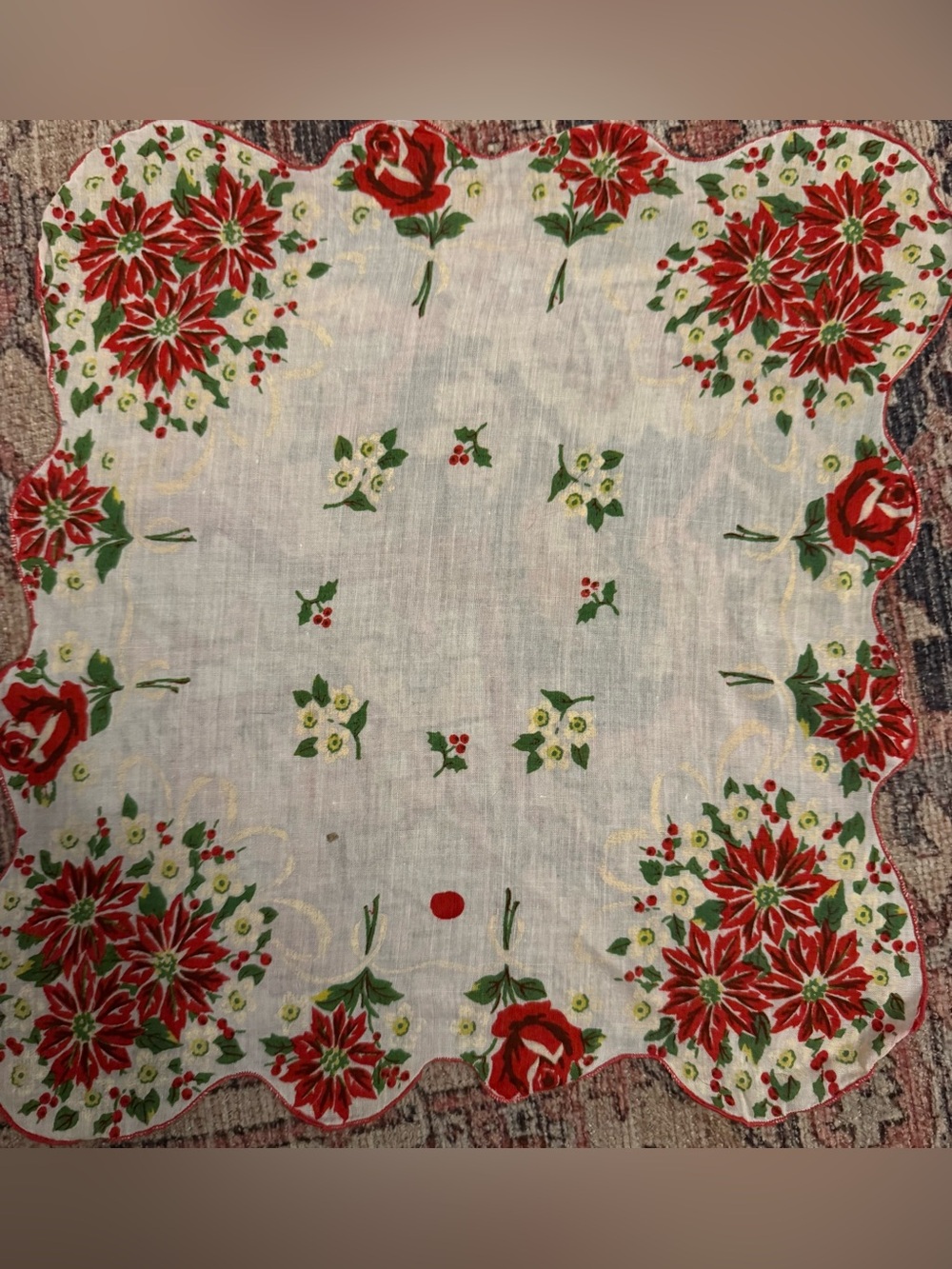 Vintage Red & Green Holiday Poinsettia Hanker-chief